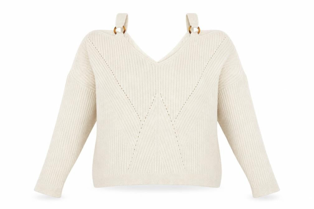 Miss Selfridge Womens Beige V-Neck Polyester Pullover Jumper Size 14 - Cold Shoulder