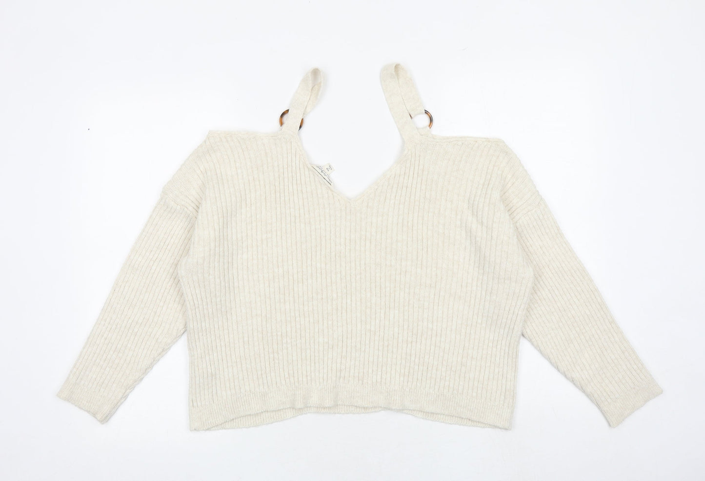 Miss Selfridge Womens Beige V-Neck Polyester Pullover Jumper Size 14 - Cold Shoulder