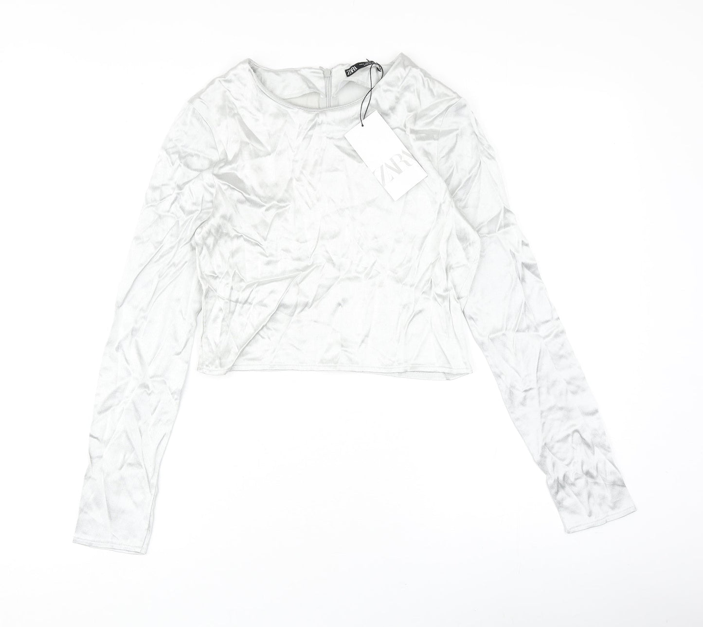Zara Womens Silver Polyester Cropped Blouse Size S Round Neck