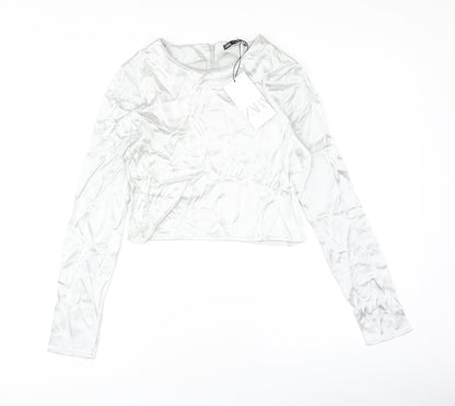 Zara Womens Silver Polyester Cropped Blouse Size S Round Neck