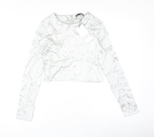 Zara Womens Silver Polyester Cropped Blouse Size S Round Neck