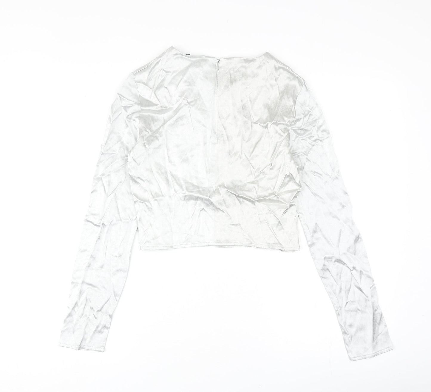 Zara Womens Silver Polyester Cropped Blouse Size S Round Neck