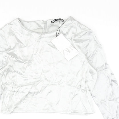 Zara Womens Silver Polyester Cropped Blouse Size S Round Neck
