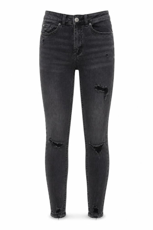 Front view of Denim & Co. women’s grey cotton skinny jeans, size UK 8, regular zip