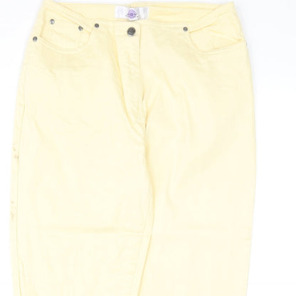 Close-up detail of JDY women’s yellow cotton straight jeans, size UK 14, regular zip