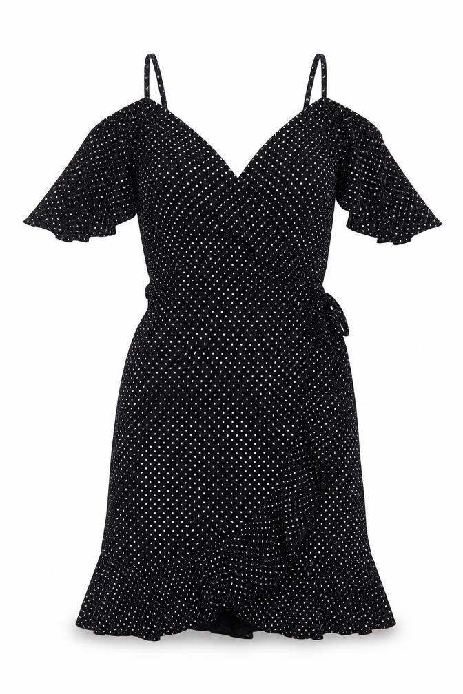 I SAW IT FIRST Womens Black Polka Dot Viscose A-Line Size 8 V-Neck Pullover - Cold shoulder
