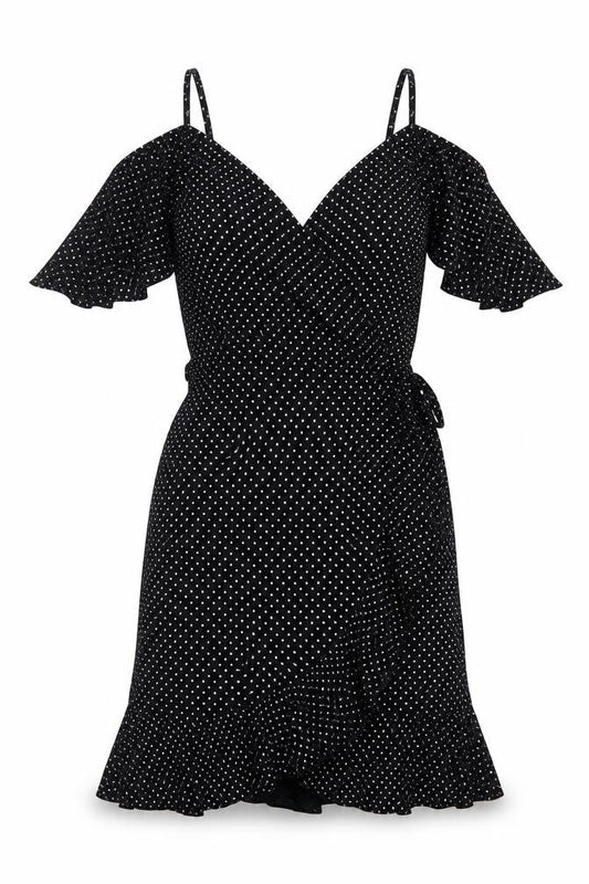 Front view of I SAW IT FIRST women’s black polka dot viscose a-line, size UK 8, v-neck pullover - cold shoulder
