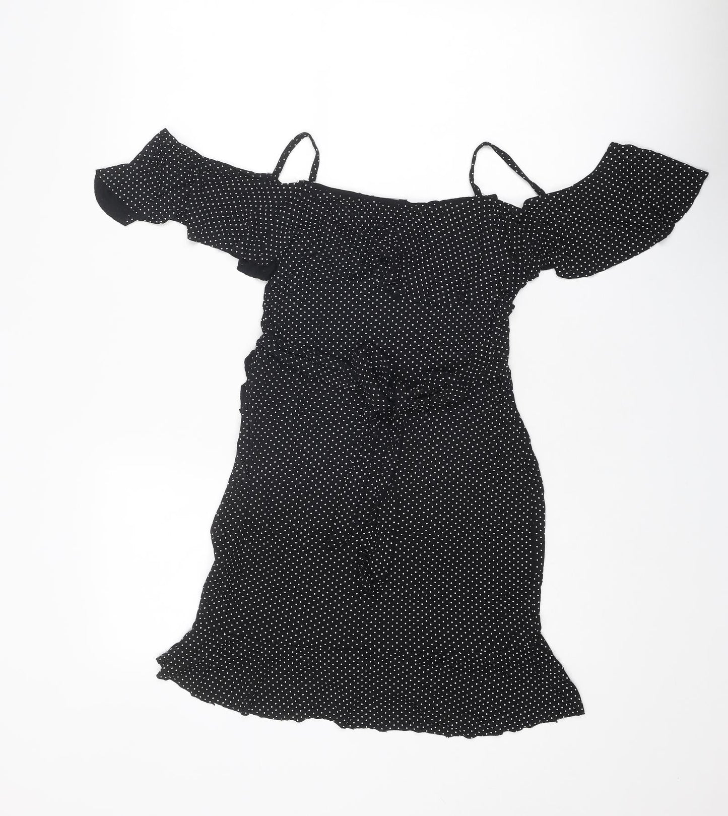 I SAW IT FIRST Womens Black Polka Dot Viscose A-Line Size 8 V-Neck Pullover - Cold shoulder