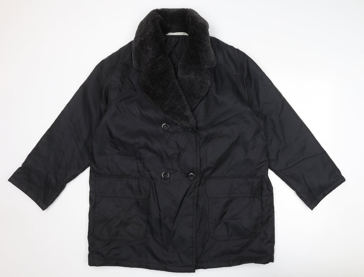 Marks & Spencer Womens Black Overcoat Coat Size 16 Button - Faux Fur Collar