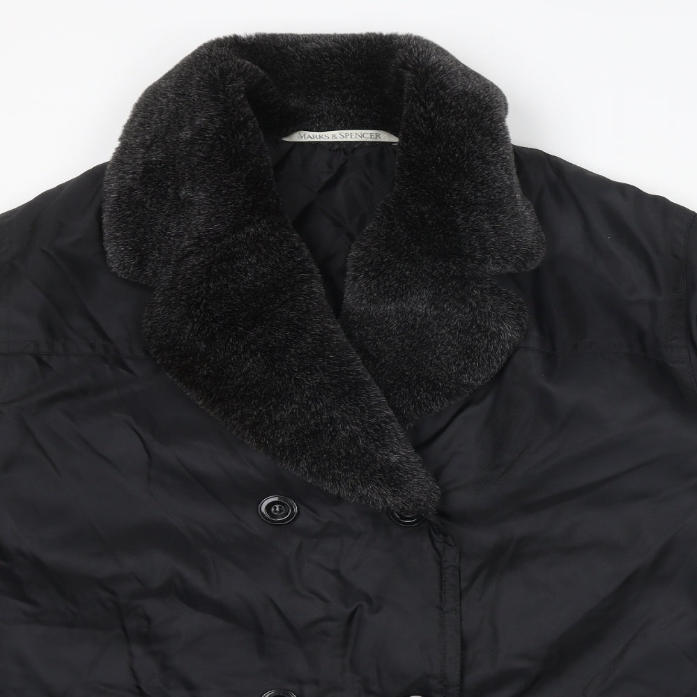 Marks & Spencer Womens Black Overcoat Coat Size 16 Button - Faux Fur Collar