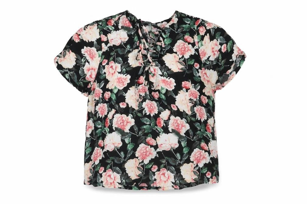 FOREVER 21 Womens Multicoloured Floral Polyester Basic T-Shirt Size M V-Neck