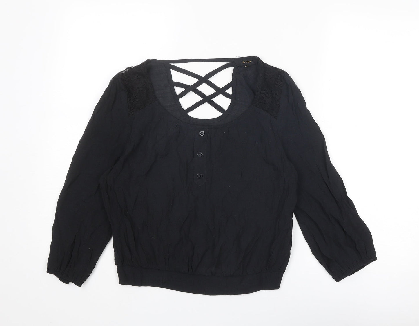 MINE Womens Black Nylon Basic Blouse Size S Round Neck
