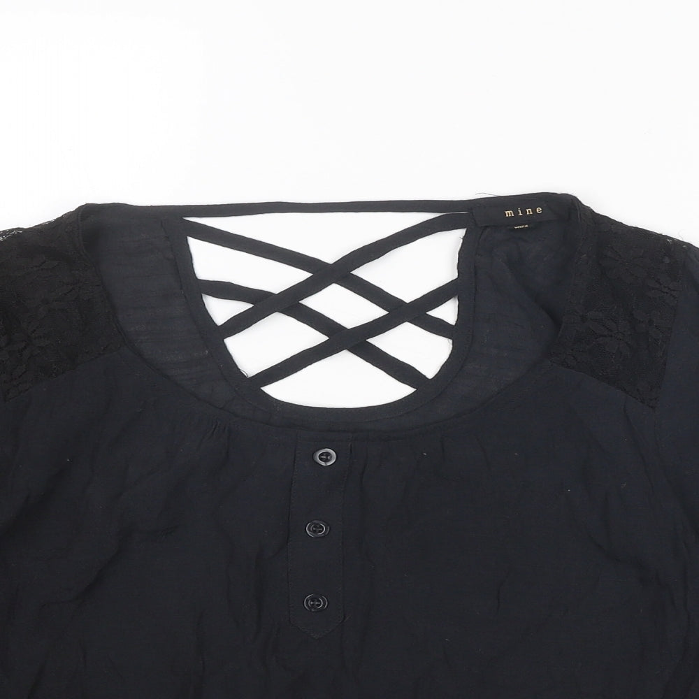 MINE Womens Black Nylon Basic Blouse Size S Round Neck