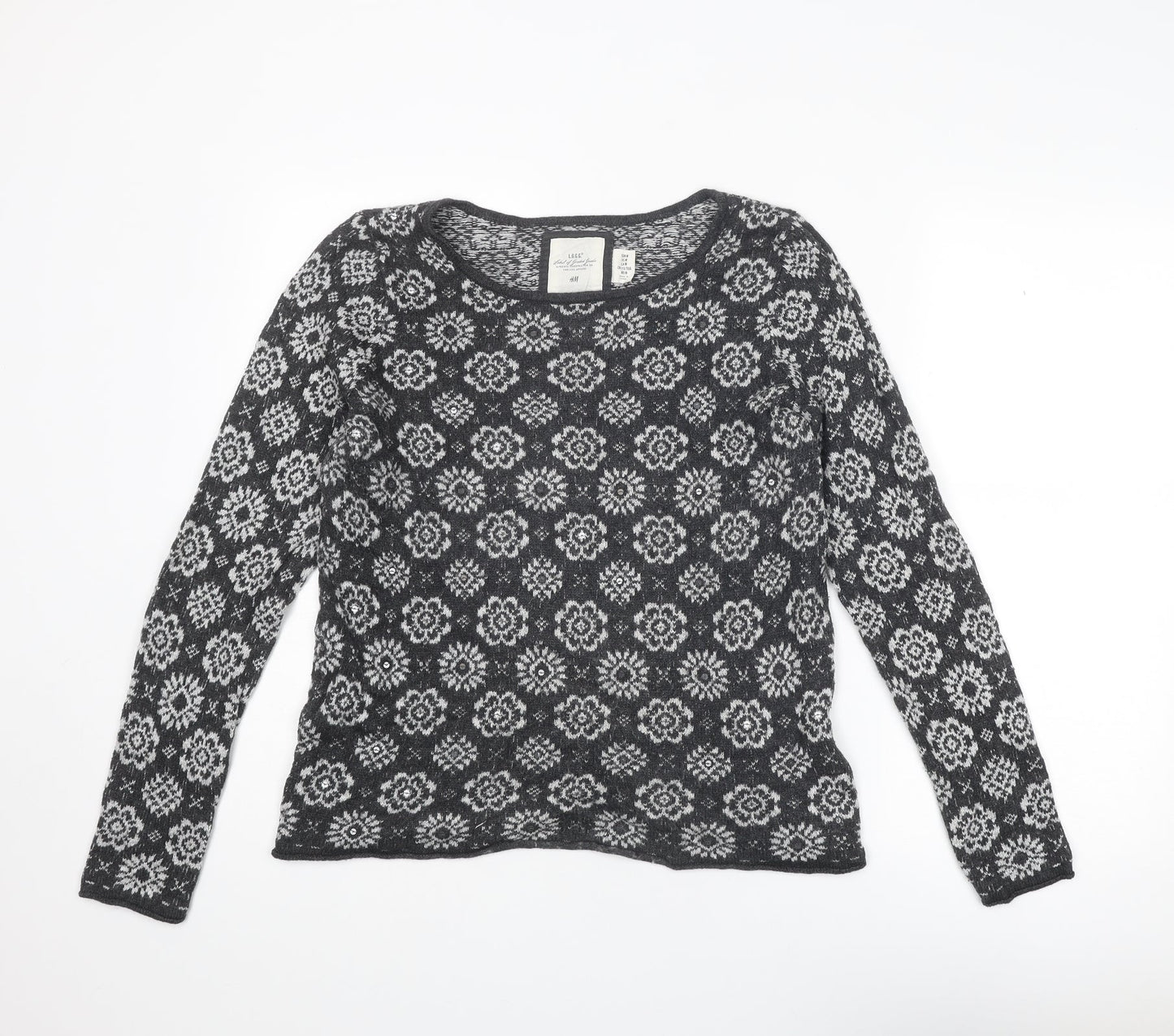 H&M Womens Grey Round Neck Geometric Cotton Pullover Jumper Size M