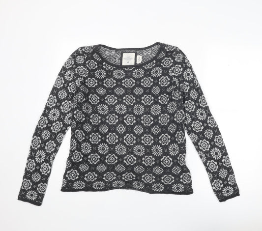 H&M Womens Grey Round Neck Geometric Cotton Pullover Jumper Size M