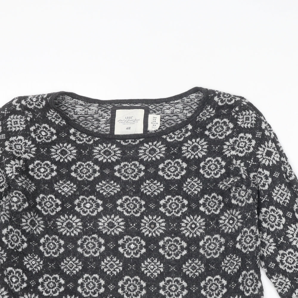 H&M Womens Grey Round Neck Geometric Cotton Pullover Jumper Size M