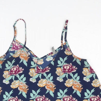 Close-up detail of ASOS women’s multicoloured floral polyester basic tank, size UK 12, v-neck
