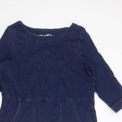 Close-up detail of Papaya women’s blue cotton a-line, size UK 8, round neck pullover
