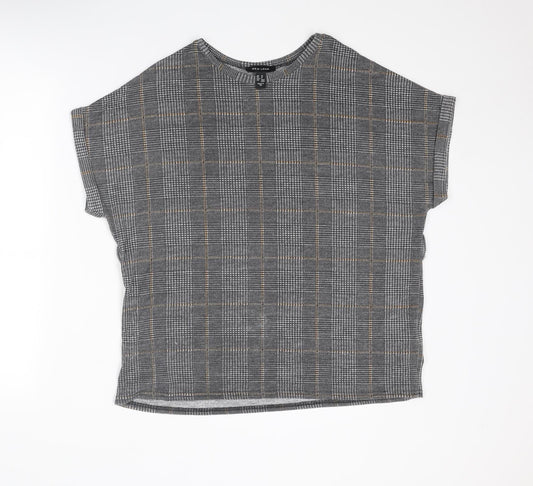 New Look Womens Grey Plaid Polyester Basic T-Shirt Size M Round Neck