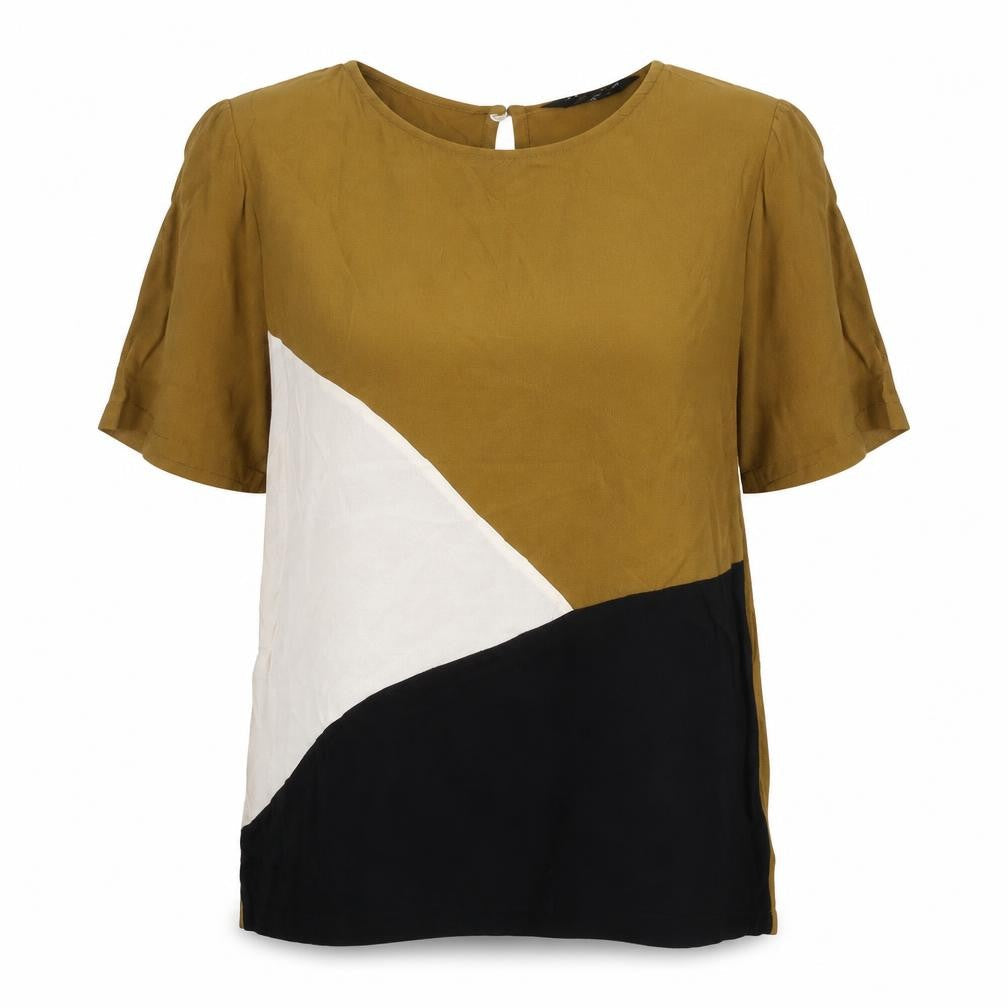New Look Womens Brown Geometric Viscose Basic Blouse Size 14 Round Neck