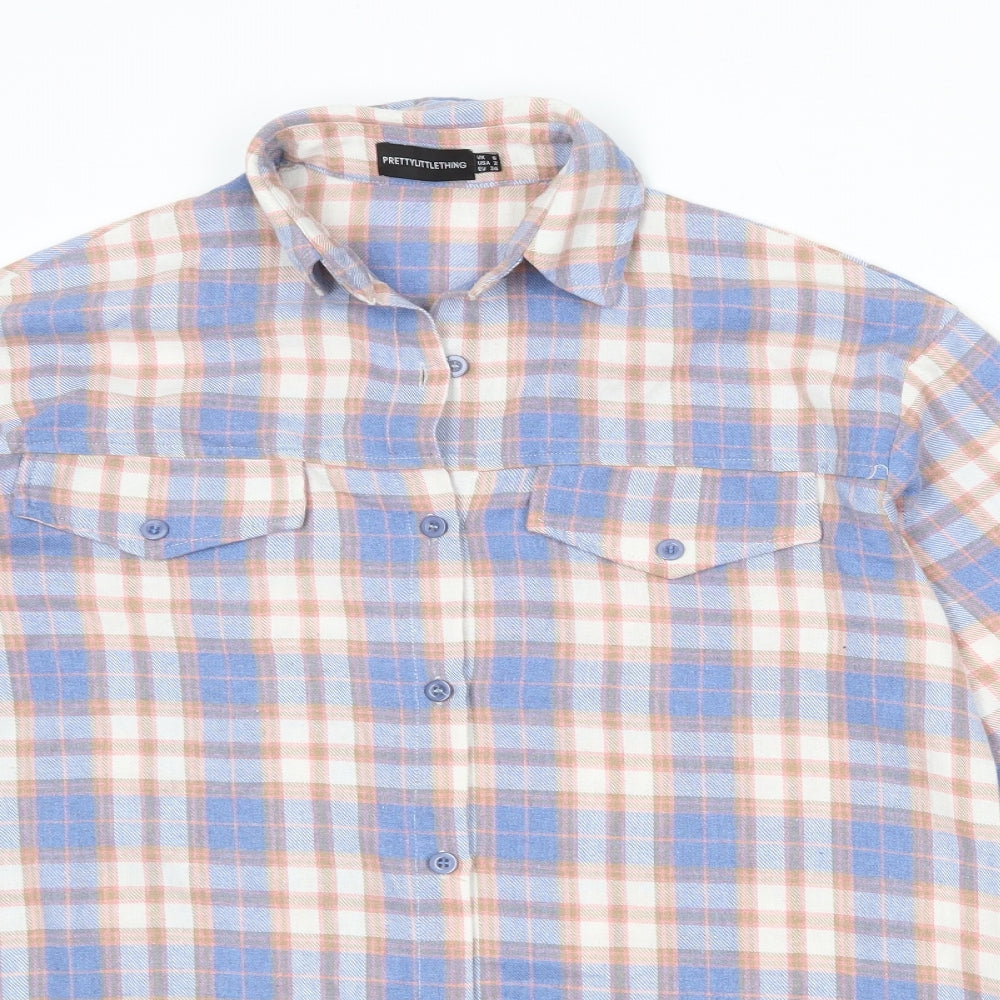 PRETTYLITTLETHING Womens Multicoloured Plaid Polyester Basic Button-Up Size 6 Collared
