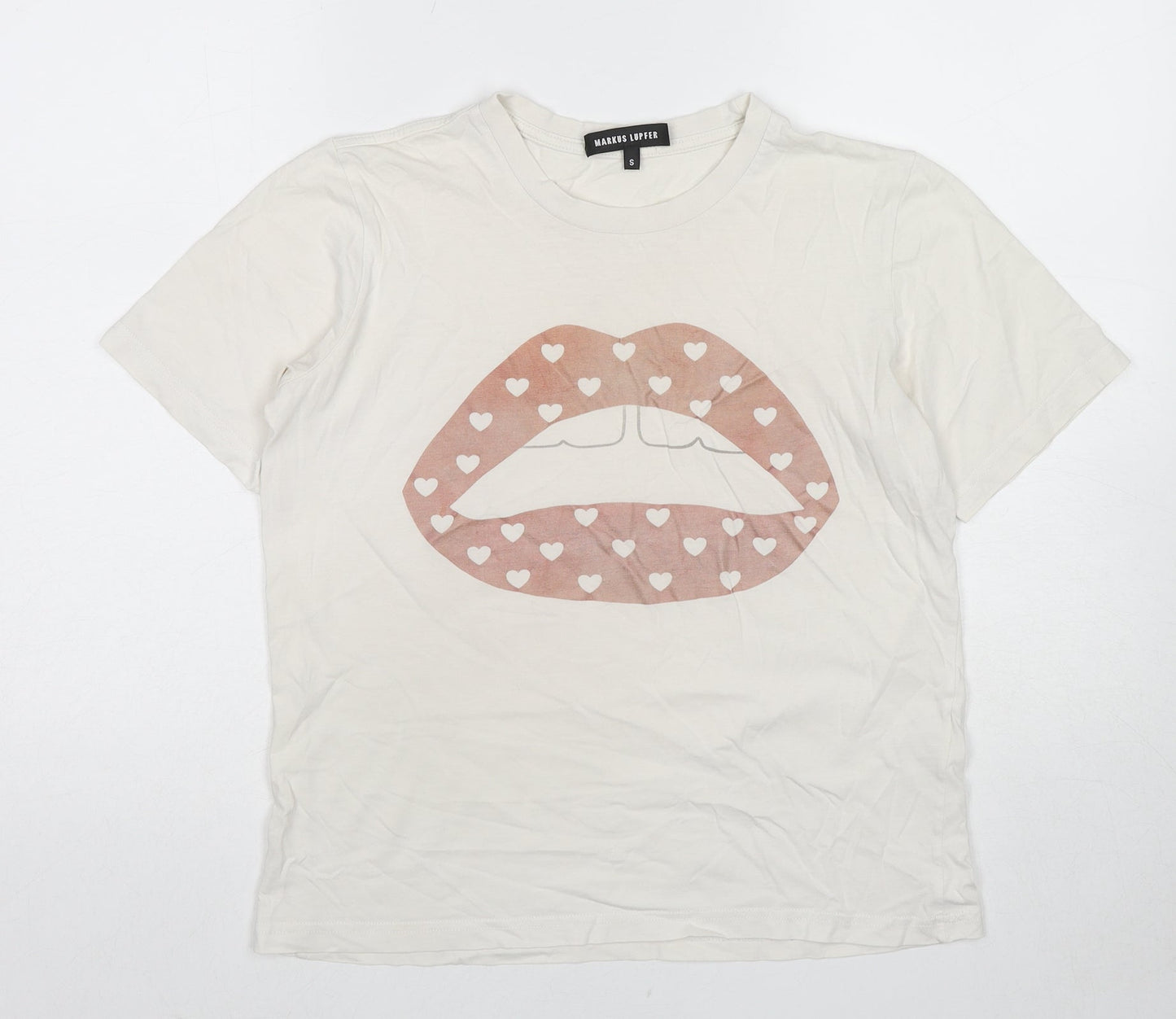 Markus Lupfer Womens White Cotton Basic T-Shirt Size S Crew Neck - Heart Pattern