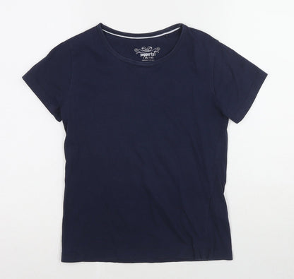 Additional front view of Pepperts girls’ blue cotton basic t-shirt, size 8-9, years round neck pullover