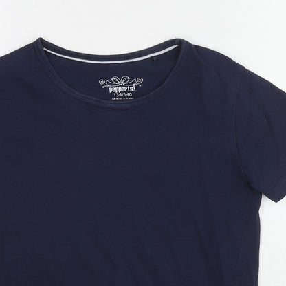 Close-up detail of Pepperts girls’ blue cotton basic t-shirt, size 8-9, years round neck pullover