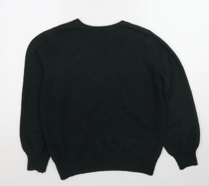 Back view of Miss Selfridge women’s green v-neck acrylic jumper, size UK 6