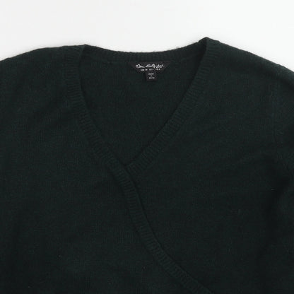 Close-up detail of Miss Selfridge women’s green v-neck acrylic jumper, size UK 6