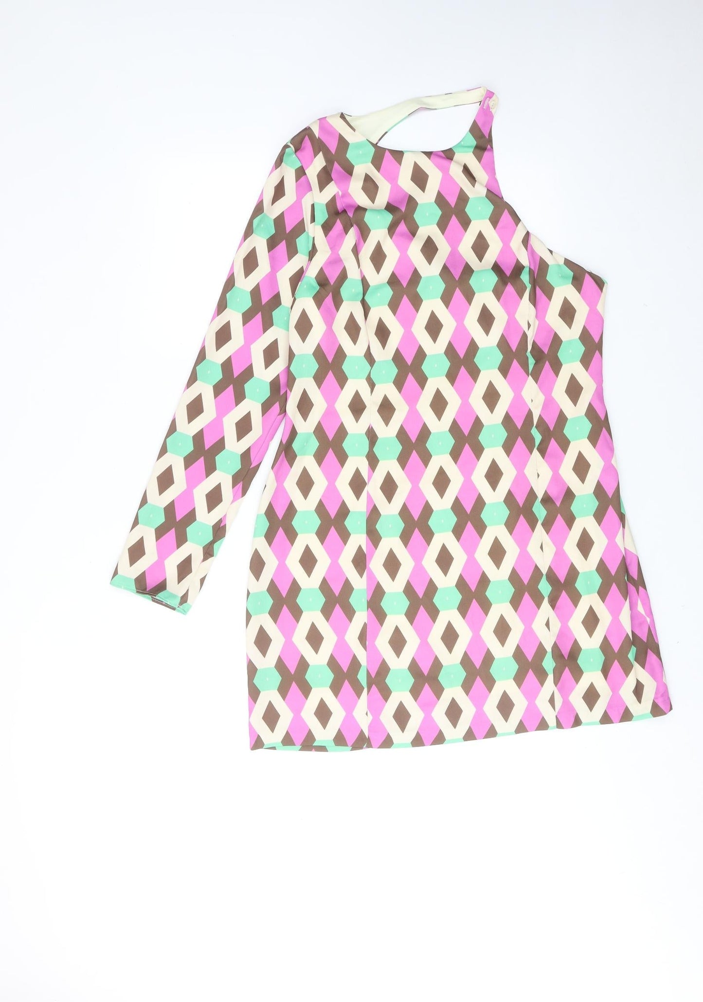 Zara Womens Pink Geometric Polyester A-Line Size XL One Shoulder Button