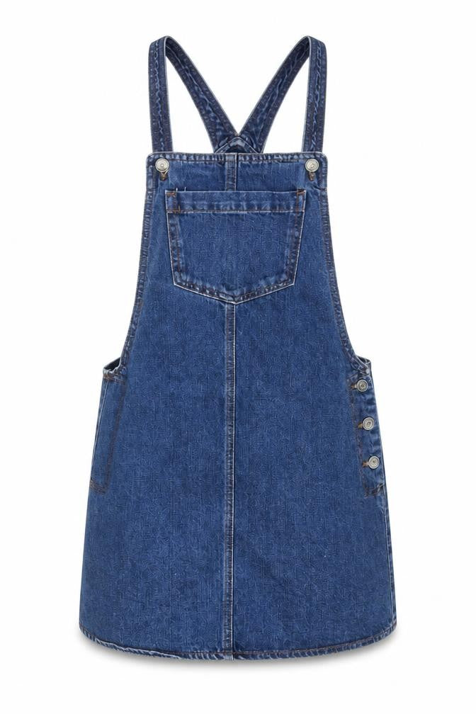 Topshop Womens Blue Cotton Pinafore/Dungaree Dress Size 8 Square Neck Button