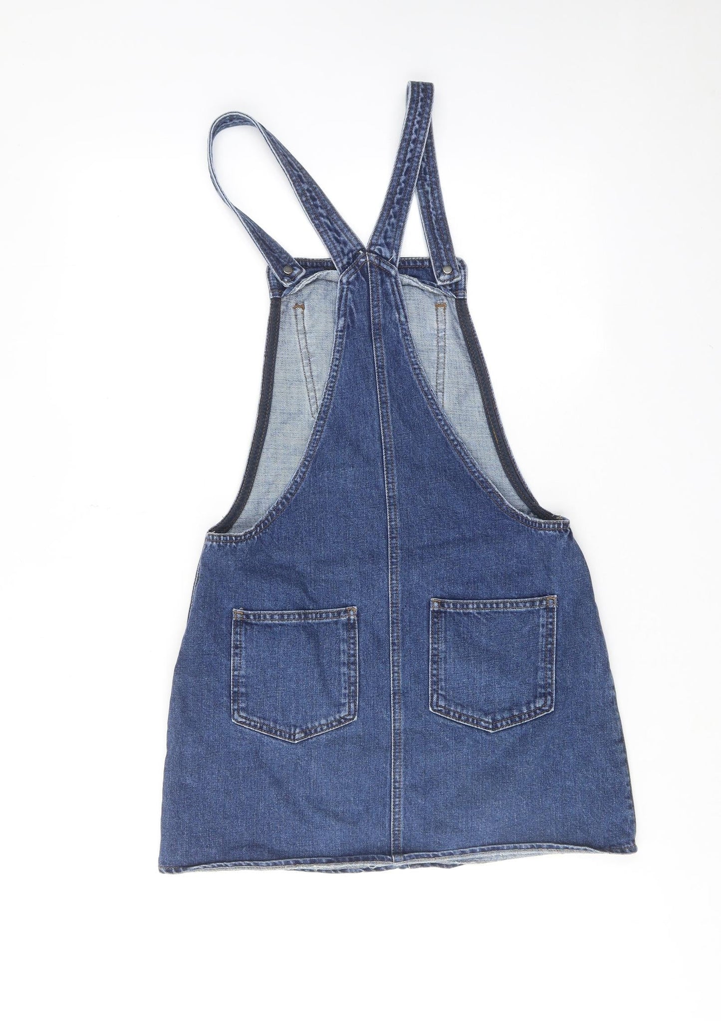 Topshop Womens Blue Cotton Pinafore/Dungaree Dress Size 8 Square Neck Button