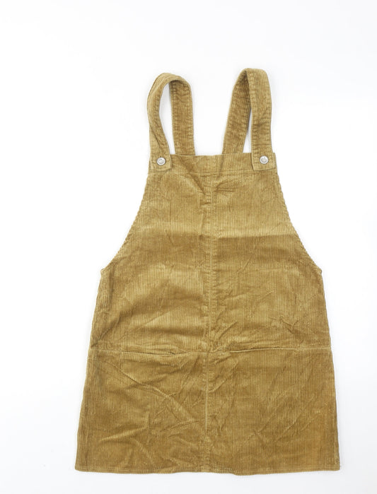 Zara Womens Brown Cotton Pinafore/Dungaree Dress Size XS Square Neck Button