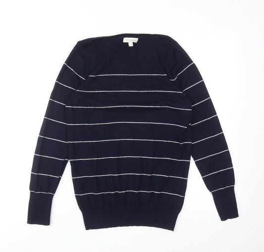 Monsoon Womens Blue Round Neck Striped Cotton Pullover Jumper Size S