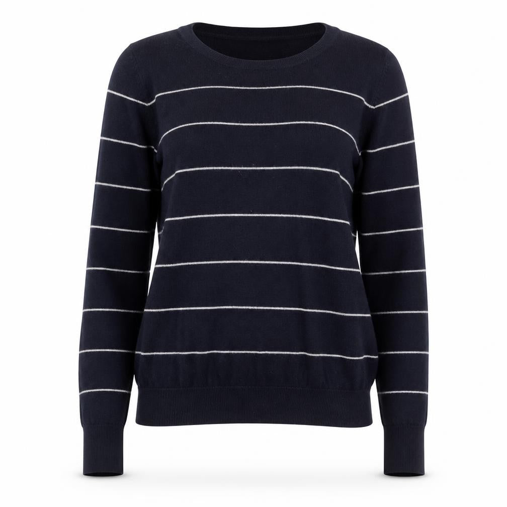 Monsoon Womens Blue Round Neck Striped Cotton Pullover Jumper Size S