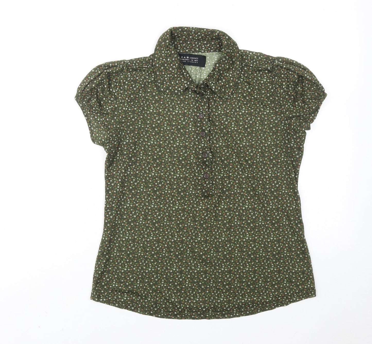 Zara Womens Green Floral Polyester Basic Button-Up Size L Collared