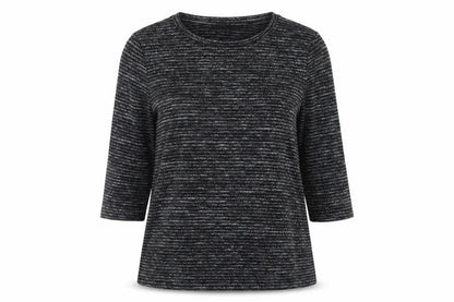 Front view of Dunnes women’s black striped polyester basic blouse, size M, round neck