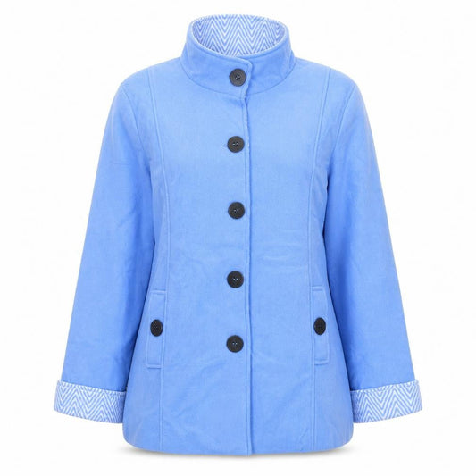 Front view of Anne De Lancay women’s blue jacket, size M, button