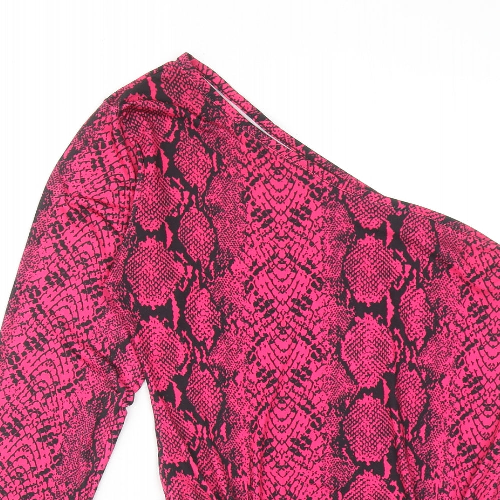 PRETTYLITTLETHING Womens Pink Animal Print Polyester Bodysuit One-Piece Size 14 Snap - Snakeskin Pattern
