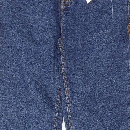 Close-up detail of Denim & Co. men’s blue cotton skinny jeans, size 30, in regular button