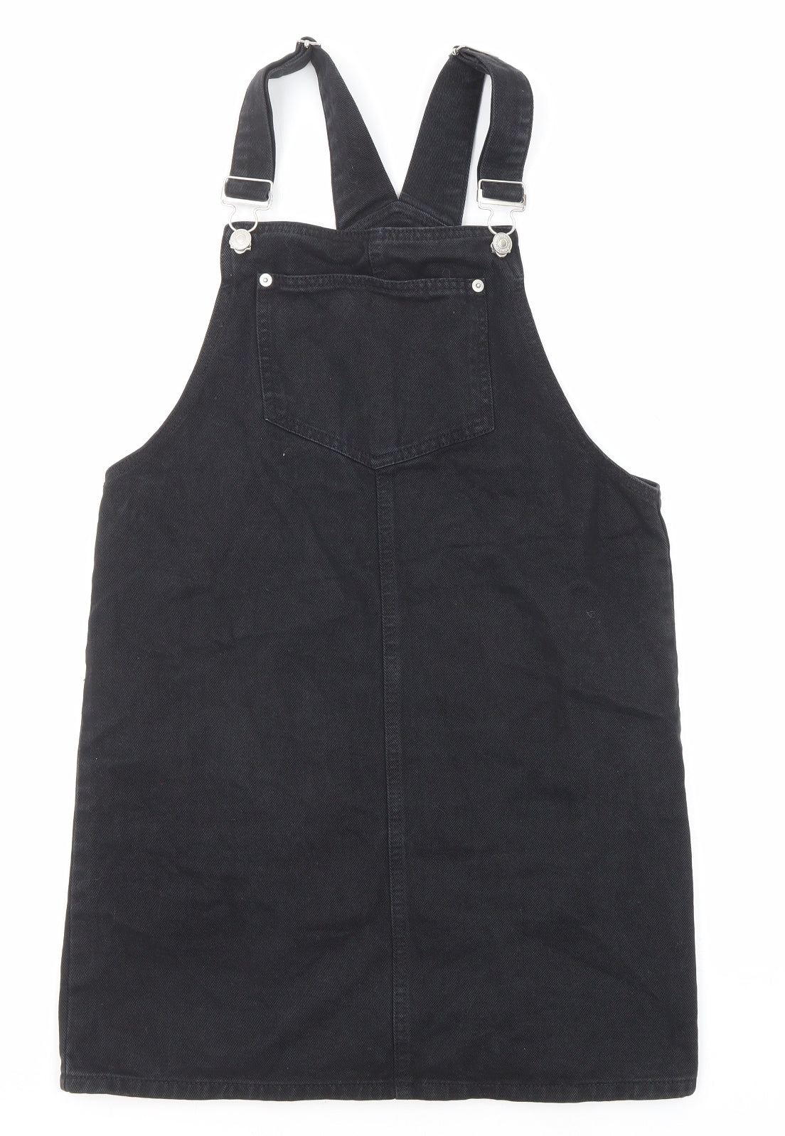 New Look Womens Black Cotton Pinafore/Dungaree Dress Size 8 Square Neck Button