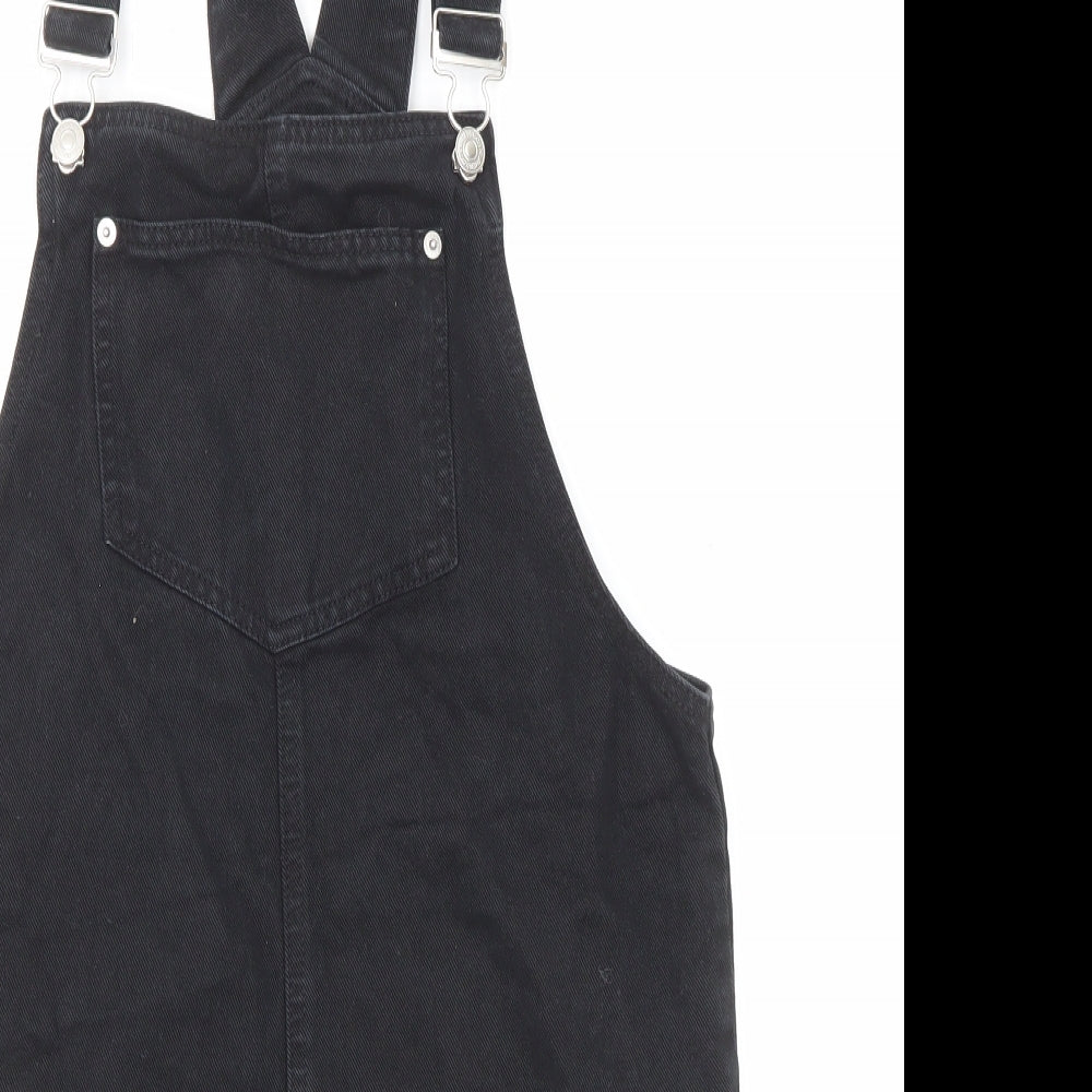 New Look Womens Black Cotton Pinafore/Dungaree Dress Size 8 Square Neck Button