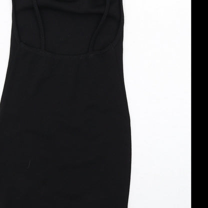 Brand and care label for Missguided women’s black polyester bodycon, size UK 6, cowl neck pullover