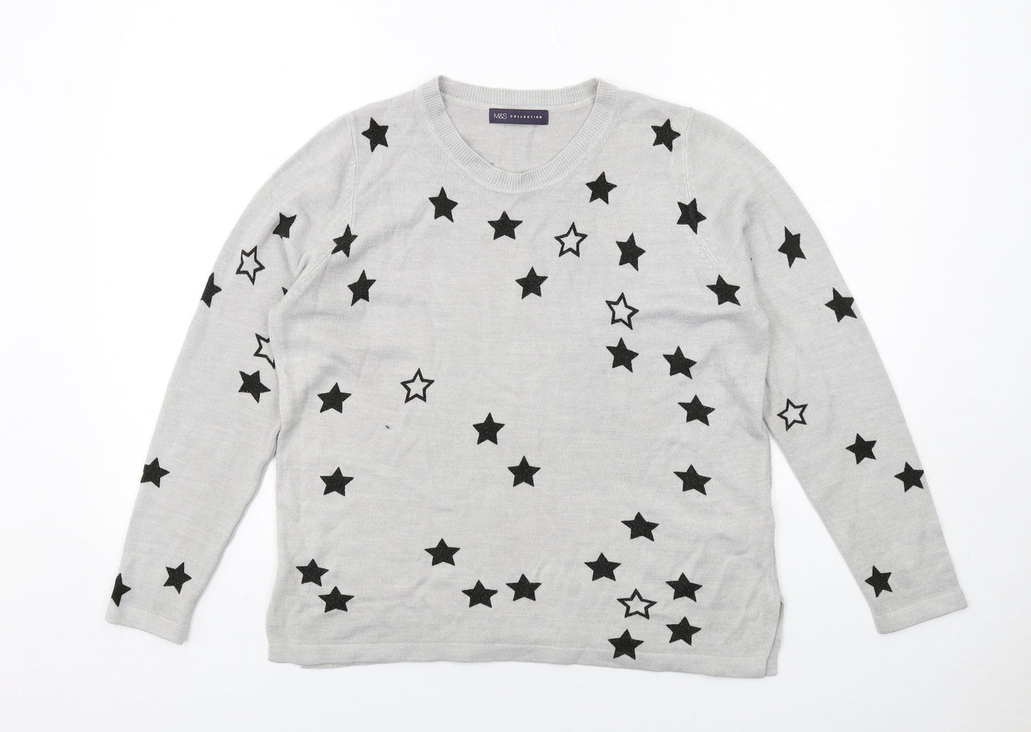 Marks and Spencer Womens Grey Round Neck Geometric Acrylic Pullover Jumper Size 14 - Star Pattern