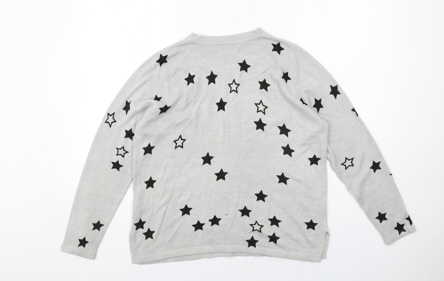 Marks and Spencer Womens Grey Round Neck Geometric Acrylic Pullover Jumper Size 14 - Star Pattern