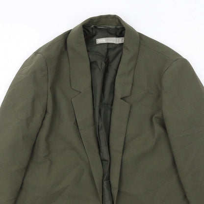 Close-up detail of ASOS women’s green polyester jacket suit jacket, size UK 8, - open style