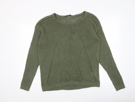 Fransa Womens Green Round Neck Acrylic Pullover Jumper Size M