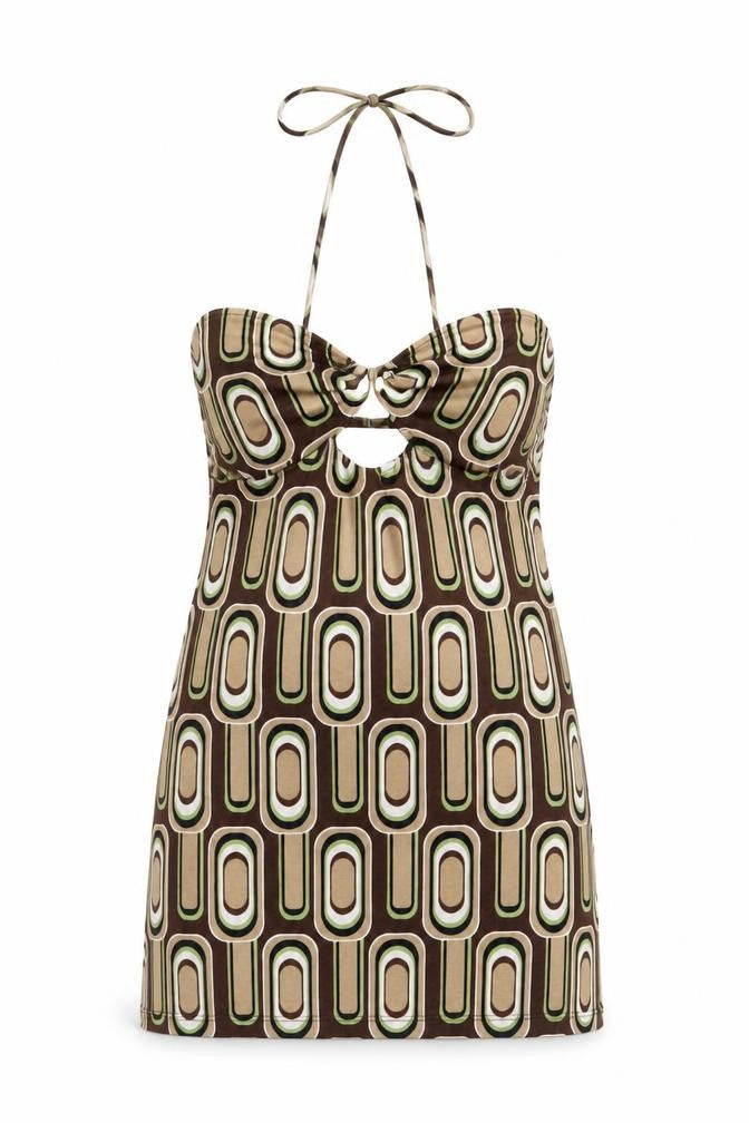 Motel Womens Brown Geometric Cotton Mini Size S Halter Pullover
