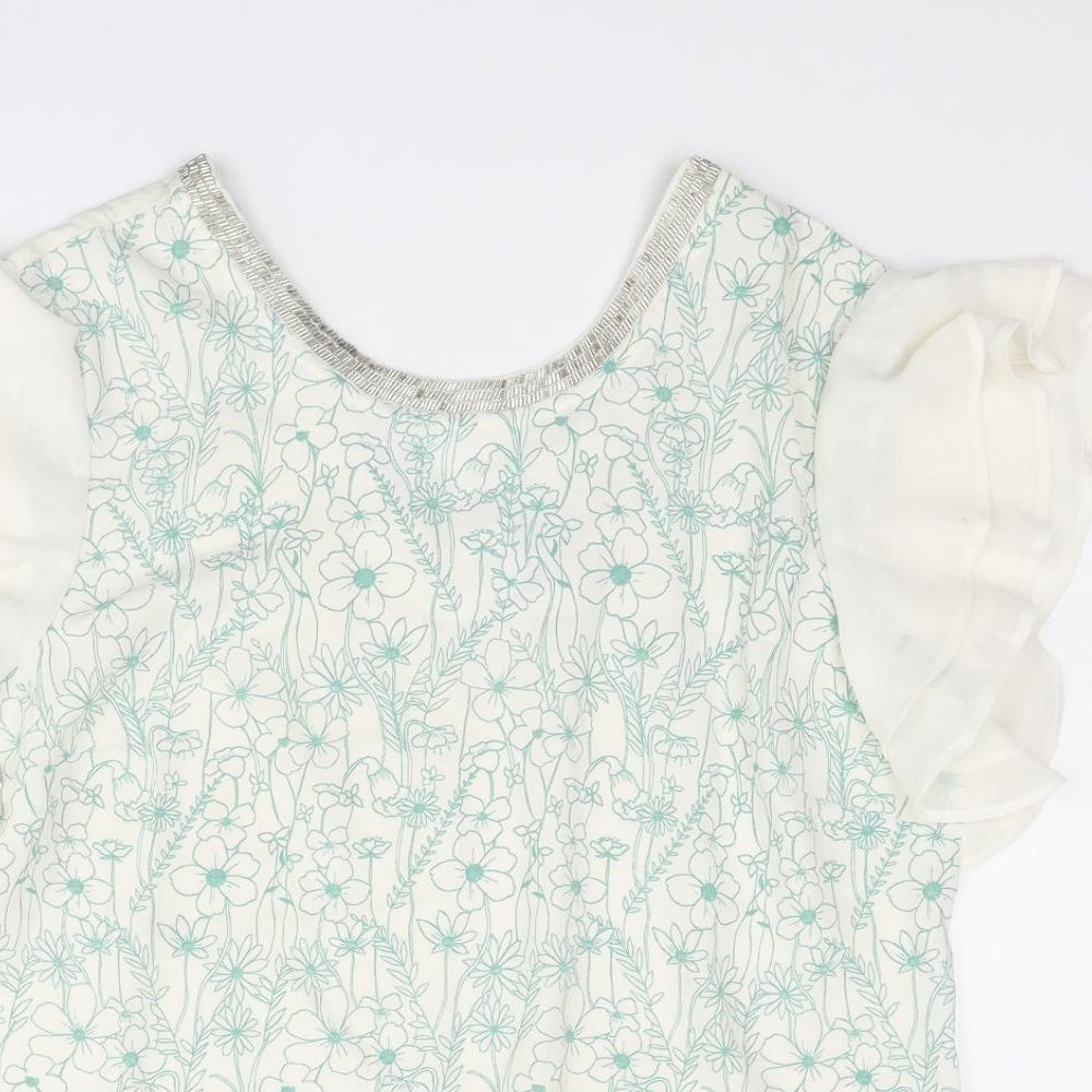 NEXT Womens White Floral Polyester Basic T-Shirt Size 12 Round Neck